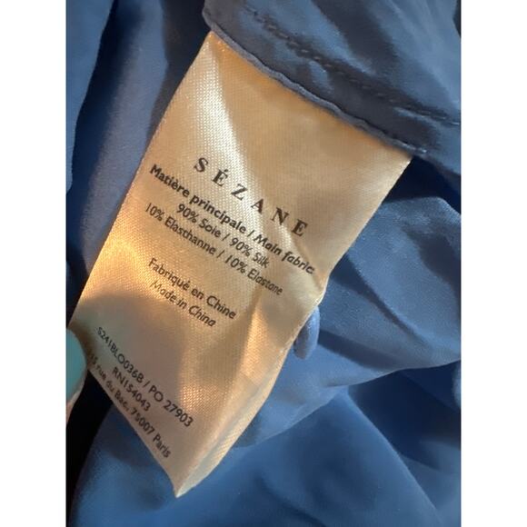 Women 40 US-8 Sezane Blue Silk Short Sleeved Blouse Shirt Top Keyhole Back - Picture 7 of 7